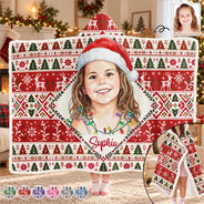 Art Design,Christmas,Custom Photo,Gift For Kids,Happy,Photo - Portrait With Santa Hat & Christmas Lights - Christmas Gifts For Kids - Personalized Custom Photo Watercolor Portrait Wearable Hooded Blanket