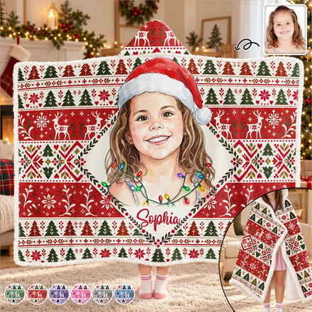 Christmas Gifts For Kids - Personalized Custom Photo Watercolor Portrait Wearable Hooded Blanket