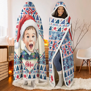 Art Design,Christmas,Custom Photo,Gift For Kids,Happy,Photo - Portrait With Santa Hat & Christmas Lights - Christmas Gifts For Kids - Personalized Custom Photo Watercolor Portrait Wearable Hooded Blanket