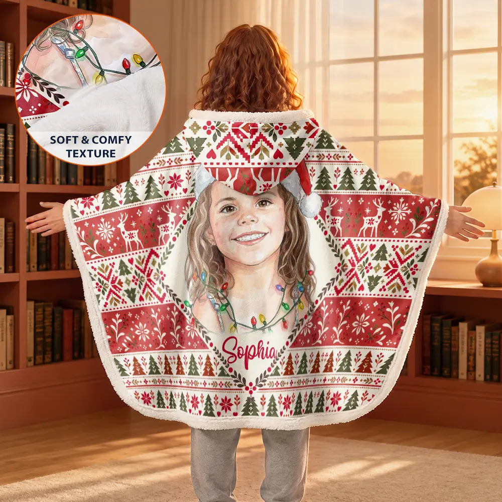 Art Design,Christmas,Custom Photo,Gift For Kids,Happy,Photo - Portrait With Santa Hat & Christmas Lights - Christmas Gifts For Kids - Personalized Custom Photo Watercolor Portrait Wearable Hooded Blanket