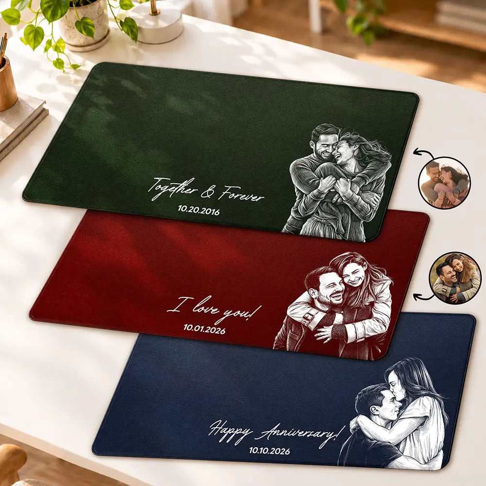 Art Design,Custom Photo,Gift For Men,Gift For Yourself,Gifts For Him,Happy,Photo - Pencil Sketch - Dark BG,Top Market - Anniversary Gift For Husband Boyfriend - Personalized Custom Photo Pencil Sketch Couple Portrait Leather Desk Mat