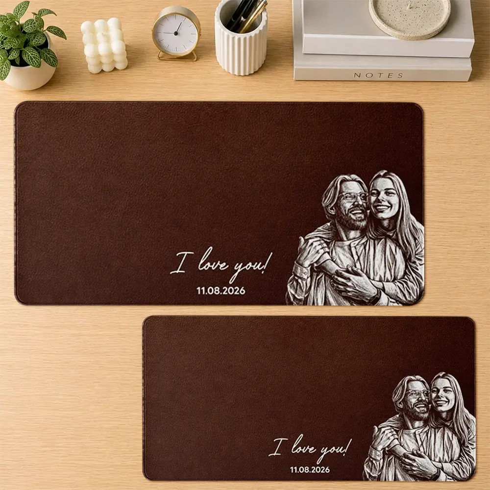 Art Design,Custom Photo,Gift For Men,Gift For Yourself,Gifts For Him,Happy,Photo - Pencil Sketch - Dark BG,Top Market - Anniversary Gift For Husband Boyfriend - Personalized Custom Photo Pencil Sketch Couple Portrait Leather Desk Mat