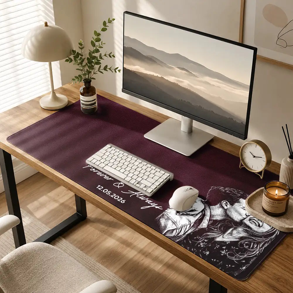 Art Design,Custom Photo,Gift For Men,Gift For Yourself,Gifts For Him,Happy,Photo - Pencil Sketch - Dark BG,Top Market - Anniversary Gift For Husband Boyfriend - Personalized Custom Photo Pencil Sketch Couple Portrait Leather Desk Mat
