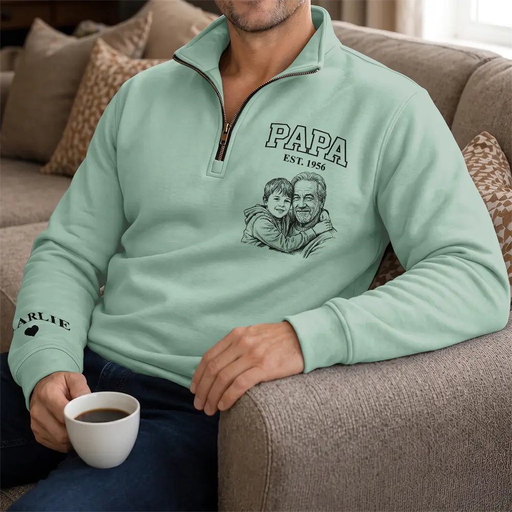 Art Design,Custom Photo,Gift For Grandpa,Gifts For Him,Happy,Photo - Pencil Sketch - Remove BG - Gift For Grandpa Papa - Personalized Custom Photo Pencil Sketch Grandkids Names Quarter Zip Sweatshirt