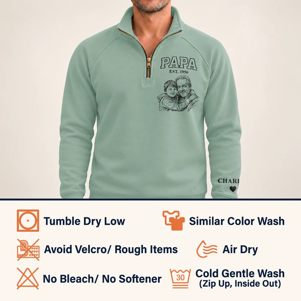 Art Design,Custom Photo,Gift For Grandpa,Gifts For Him,Happy,Photo - Pencil Sketch - Remove BG - Gift For Grandpa Papa - Personalized Custom Photo Pencil Sketch Grandkids Names Quarter Zip Sweatshirt