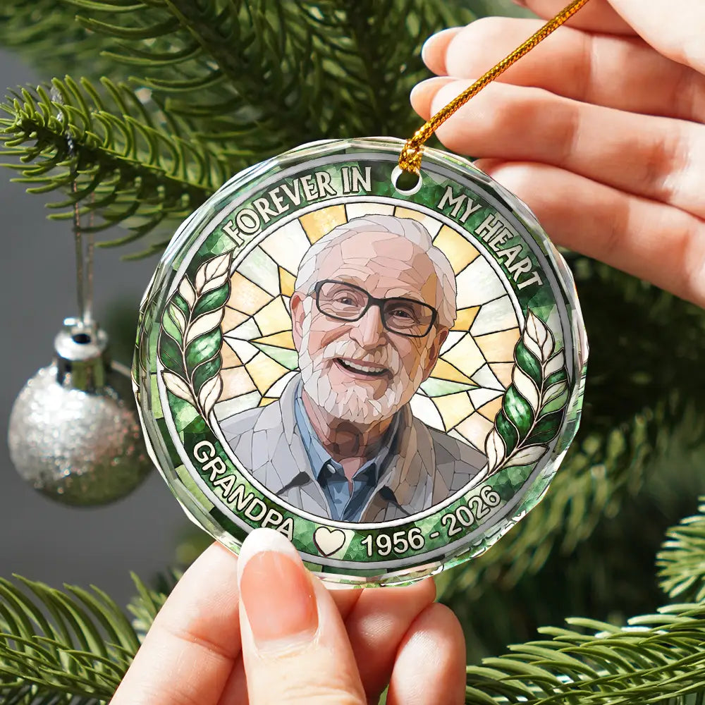 Art Design,Christmas,Custom Photo,Family,Memorial,Memorial Loved One,Photo - Stained Glass,Sympathetic - Memorial Sympathy Gift For Lost Of Loved One - Personalized Custom Photo Forever In Our Hearts Circle Glass Ornament