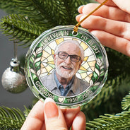 Art Design,Christmas,Custom Photo,Family,Memorial,Memorial Loved One,Photo - Stained Glass,Sympathetic - Memorial Sympathy Gift For Lost Of Loved One - Personalized Custom Photo Forever In Our Hearts Circle Glass Ornament