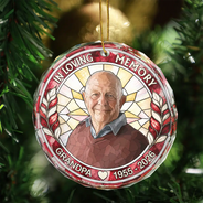 Art Design,Christmas,Custom Photo,Family,Memorial,Memorial Loved One,Photo - Stained Glass,Sympathetic - Memorial Sympathy Gift For Lost Of Loved One - Personalized Custom Photo Forever In Our Hearts Circle Glass Ornament