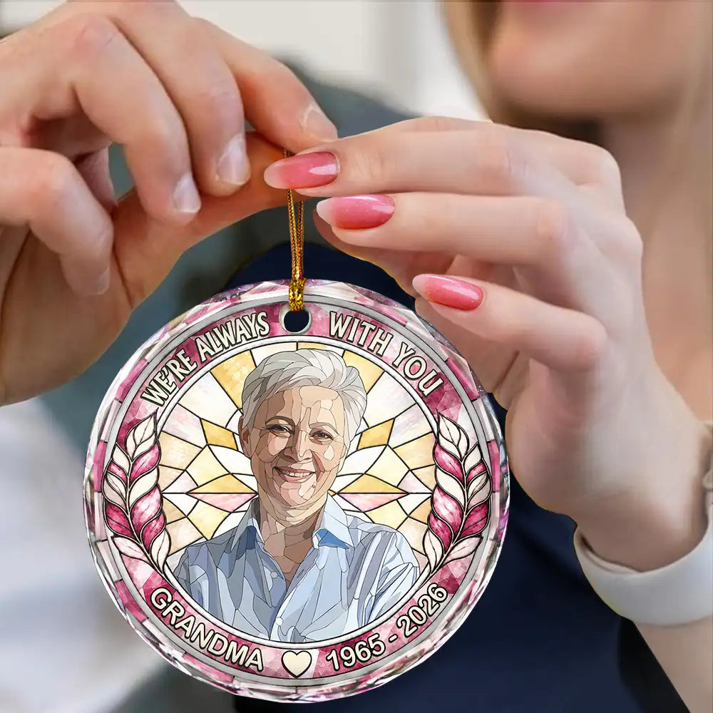 Art Design,Christmas,Custom Photo,Family,Memorial,Memorial Loved One,Photo - Stained Glass,Sympathetic - Memorial Sympathy Gift For Lost Of Loved One - Personalized Custom Photo Forever In Our Hearts Circle Glass Ornament
