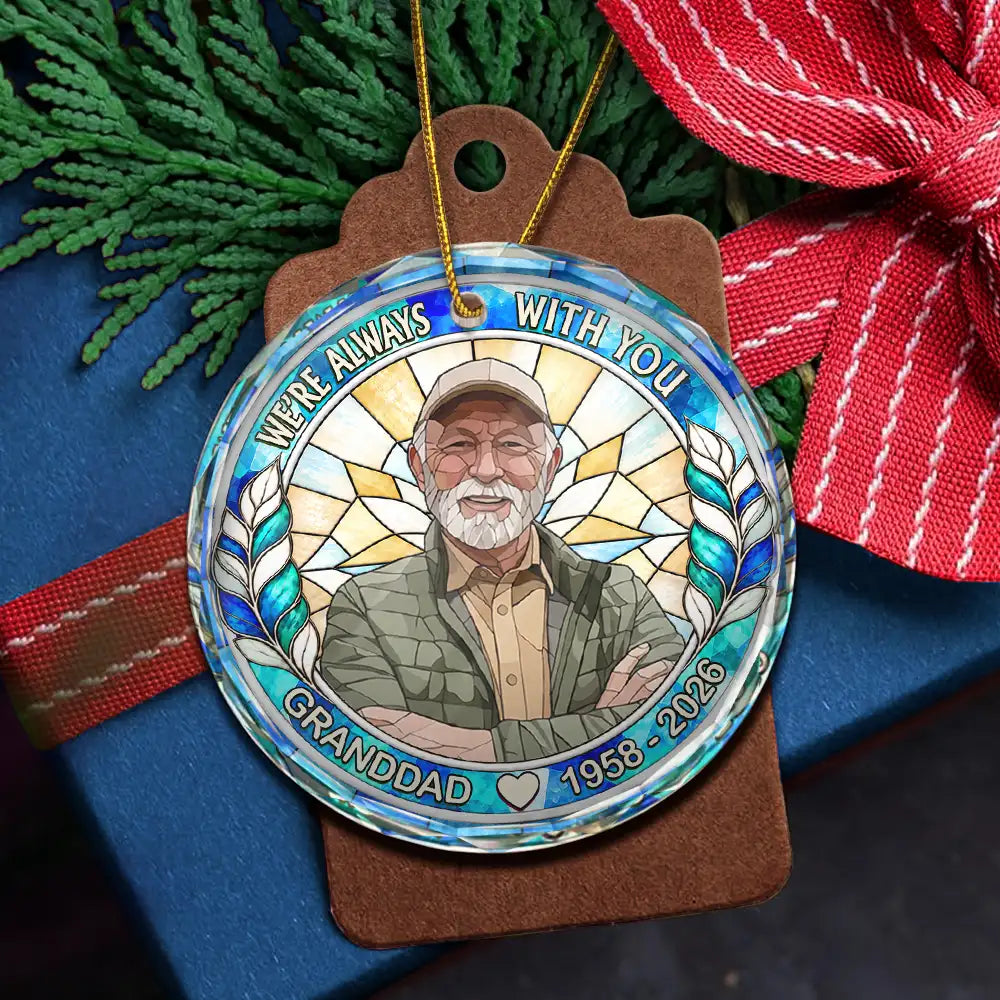 Art Design,Christmas,Custom Photo,Family,Memorial,Memorial Loved One,Photo - Stained Glass,Sympathetic - Memorial Sympathy Gift For Lost Of Loved One - Personalized Custom Photo Forever In Our Hearts Circle Glass Ornament