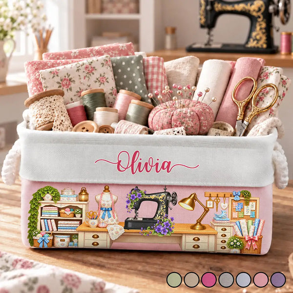 Christmas, Cozy, Gift For Women, Gift For Yourself, Gifts For Her, Icon, Sewing - Gift For Sewing Lovers And Quilters - Personalized Name, Birth Flower & Machine Vintage Craft Room Storage Basket