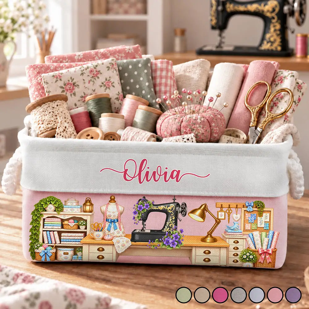 Christmas, Cozy, Gift For Women, Gift For Yourself, Gifts For Her, Icon, Sewing - Gift For Sewing Lovers And Quilters - Personalized Name, Birth Flower & Machine Vintage Craft Room Storage Basket