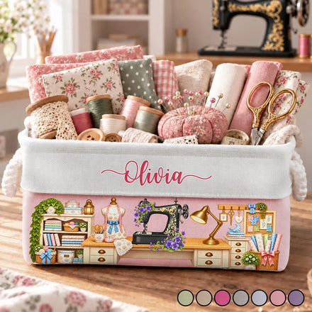 Gift For Sewing Lovers And Quilters - Personalized Name, Birth Flower & Machine Vintage Craft Room Storage Basket