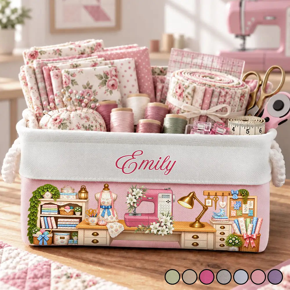 Christmas, Cozy, Gift For Women, Gift For Yourself, Gifts For Her, Icon, Sewing - Gift For Sewing Lovers And Quilters - Personalized Name, Birth Flower & Machine Vintage Craft Room Storage Basket