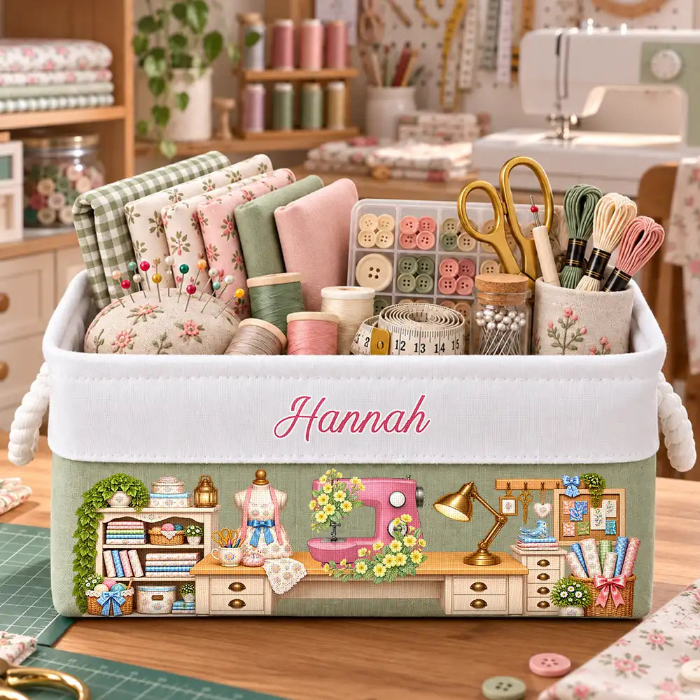 Christmas, Cozy, Gift For Women, Gift For Yourself, Gifts For Her, Icon, Sewing - Gift For Sewing Lovers And Quilters - Personalized Name, Birth Flower & Machine Vintage Craft Room Storage Basket