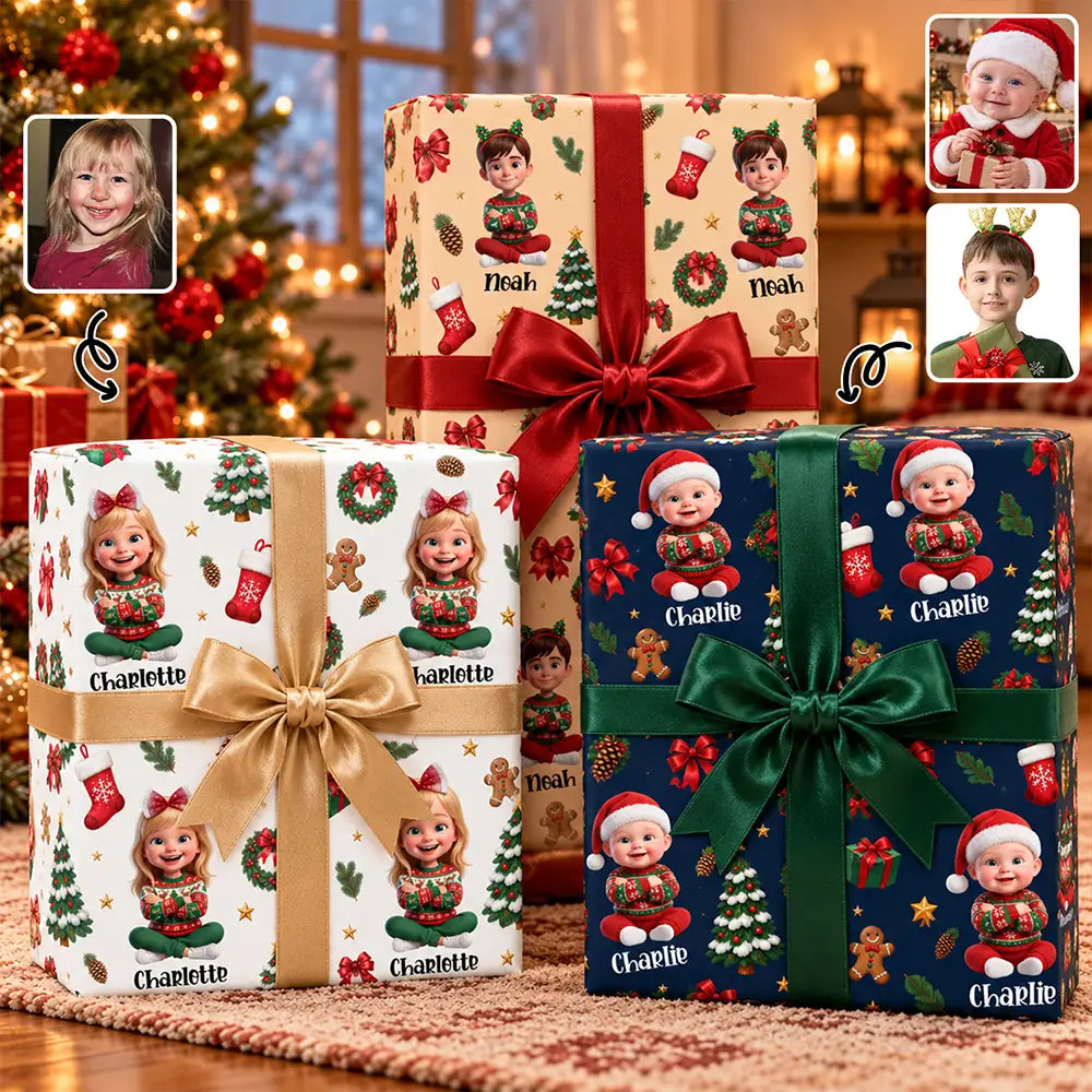 Art Design,Christmas,Custom Photo,Gift For Kids,Happy,Photo - Christmas Accessories 3D Cartoon Pet - Christmas Gift For Family - Personalized Custom Photo Pet Name Festive Pattern Wrapping Paper