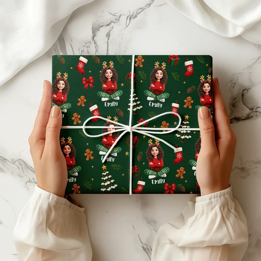 Art Design,Christmas,Custom Photo,Gift For Kids,Happy,Photo - Christmas Accessories 3D Cartoon Pet - Christmas Gift For Family - Personalized Custom Photo Pet Name Festive Pattern Wrapping Paper