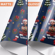 Art Design,Christmas,Custom Photo,Gift For Kids,Happy,Photo - Christmas Accessories 3D Cartoon Pet - Christmas Gift For Family - Personalized Custom Photo Pet Name Festive Pattern Wrapping Paper