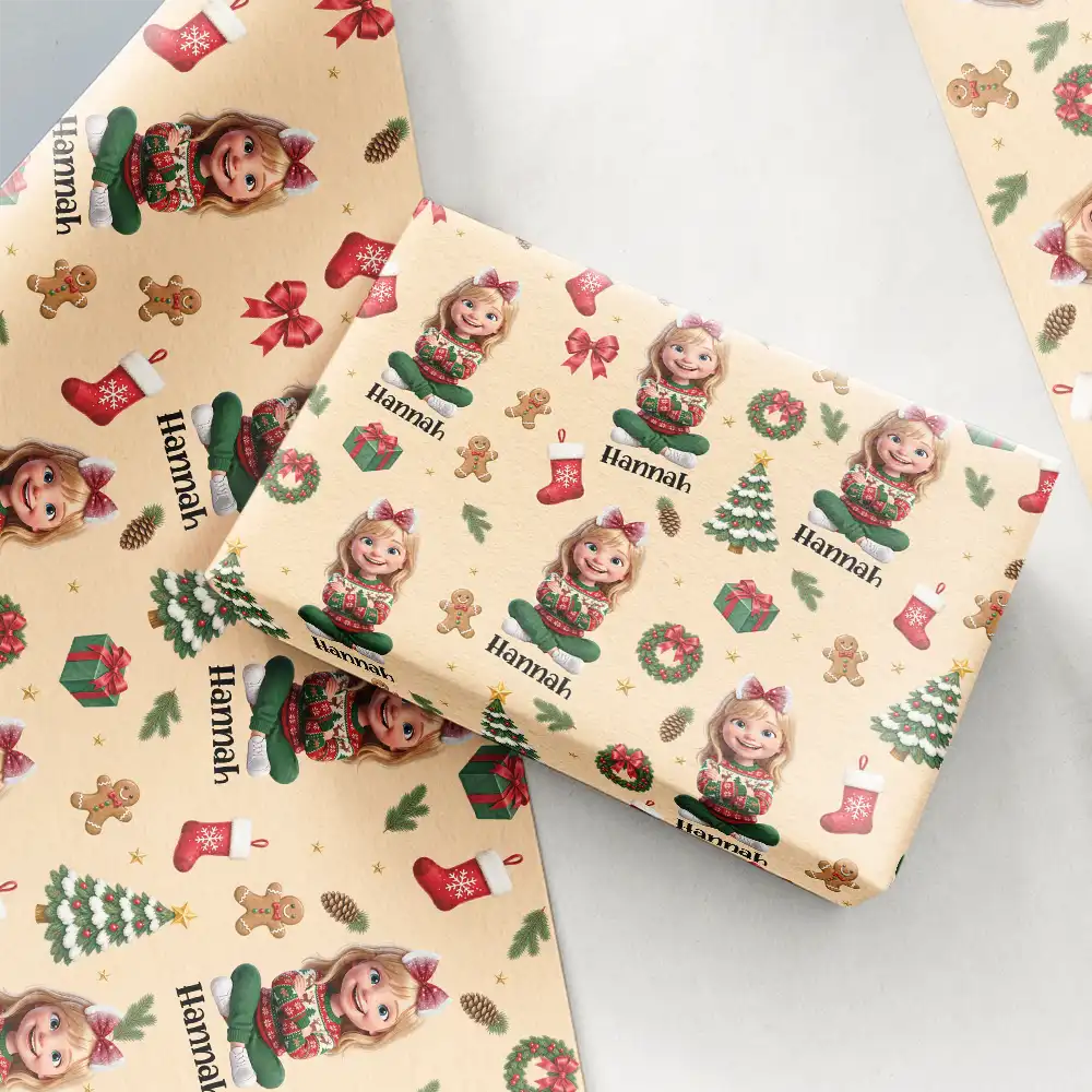 Art Design,Christmas,Custom Photo,Gift For Kids,Happy,Photo - Christmas Accessories 3D Cartoon Pet - Christmas Gift For Family - Personalized Custom Photo Pet Name Festive Pattern Wrapping Paper