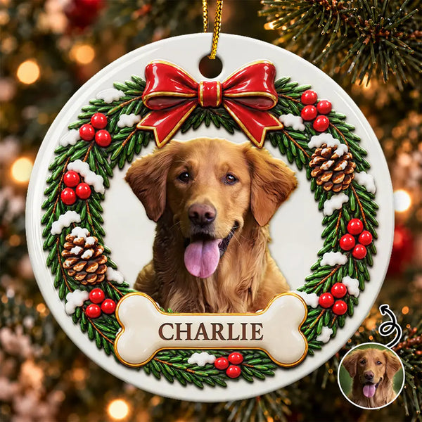 Christmas,Custom Photo,Memorial,Pet Lovers,Pet Memorial,Remove BG Photo,Sentimental - Christmas Memorial Gift For Pet Lovers - Personalized Custom Photo Pet Portrait 3D Embossed Circle Ceramic Ornament