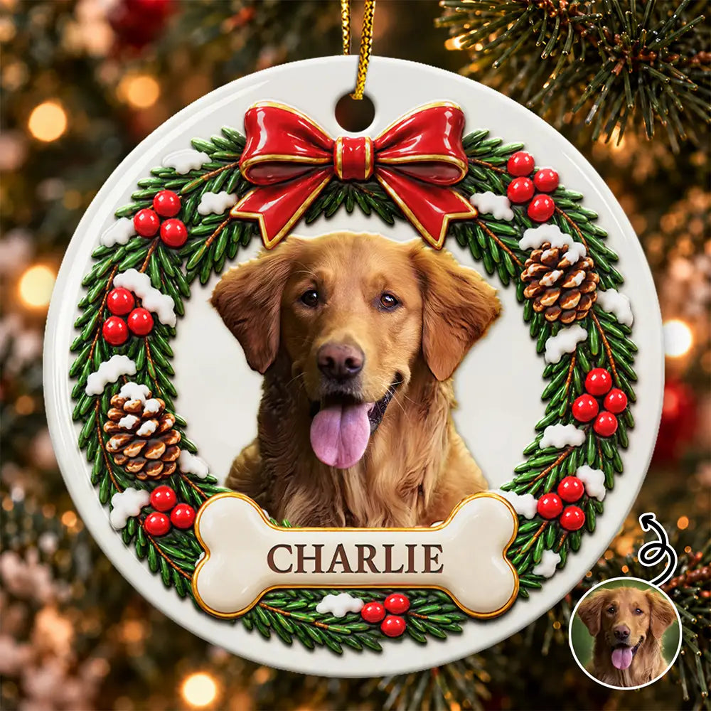 Christmas,Custom Photo,Memorial,Pet Lovers,Pet Memorial,Remove BG Photo,Sentimental - Christmas Memorial Gift For Pet Lovers - Personalized Custom Photo Pet Portrait 3D Embossed Circle Ceramic Ornament