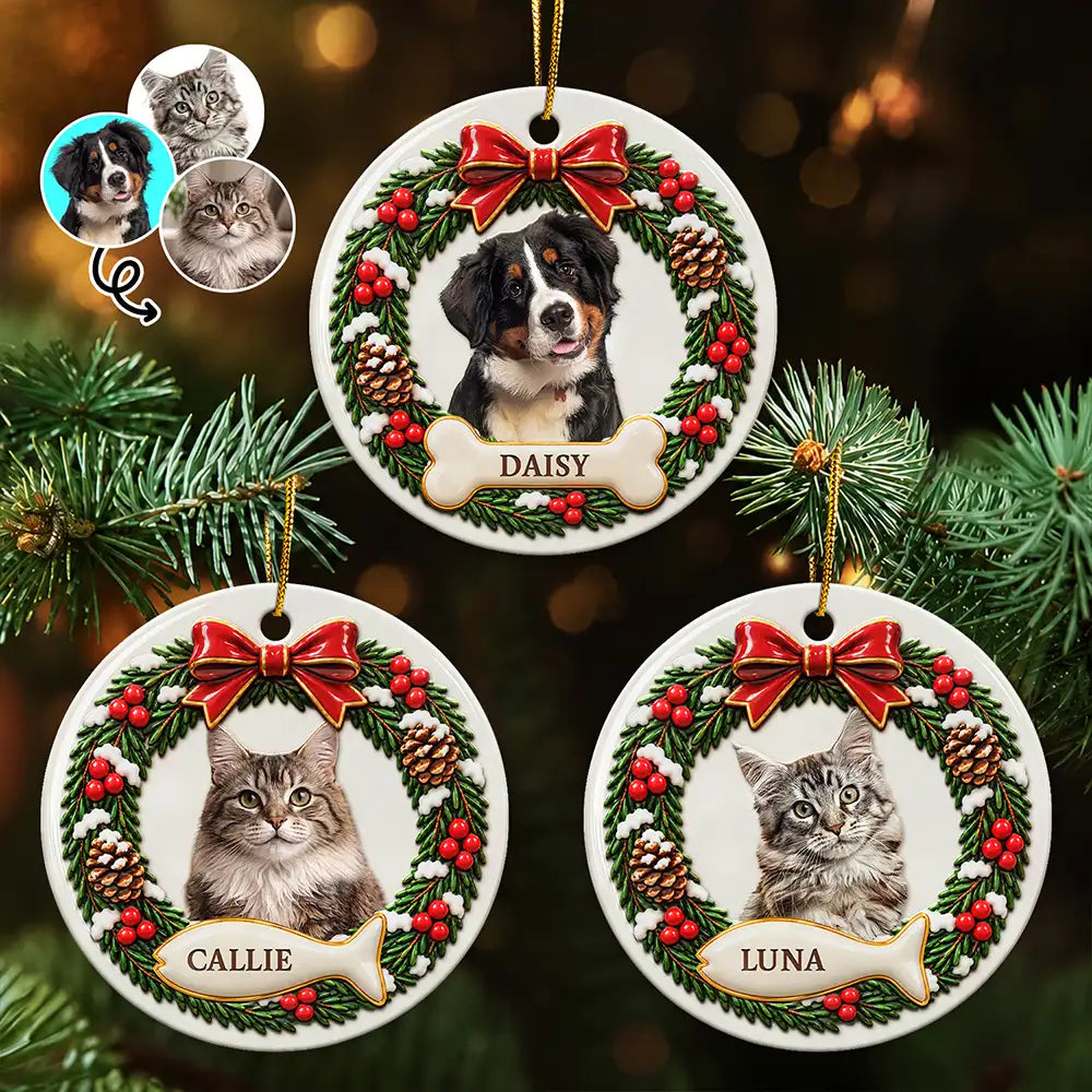 Christmas,Custom Photo,Memorial,Pet Lovers,Pet Memorial,Remove BG Photo,Sentimental - Christmas Memorial Gift For Pet Lovers - Personalized Custom Photo Pet Portrait 3D Embossed Circle Ceramic Ornament