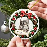 Christmas,Custom Photo,Memorial,Pet Lovers,Pet Memorial,Remove BG Photo,Sentimental - Christmas Memorial Gift For Pet Lovers - Personalized Custom Photo Pet Portrait 3D Embossed Circle Ceramic Ornament