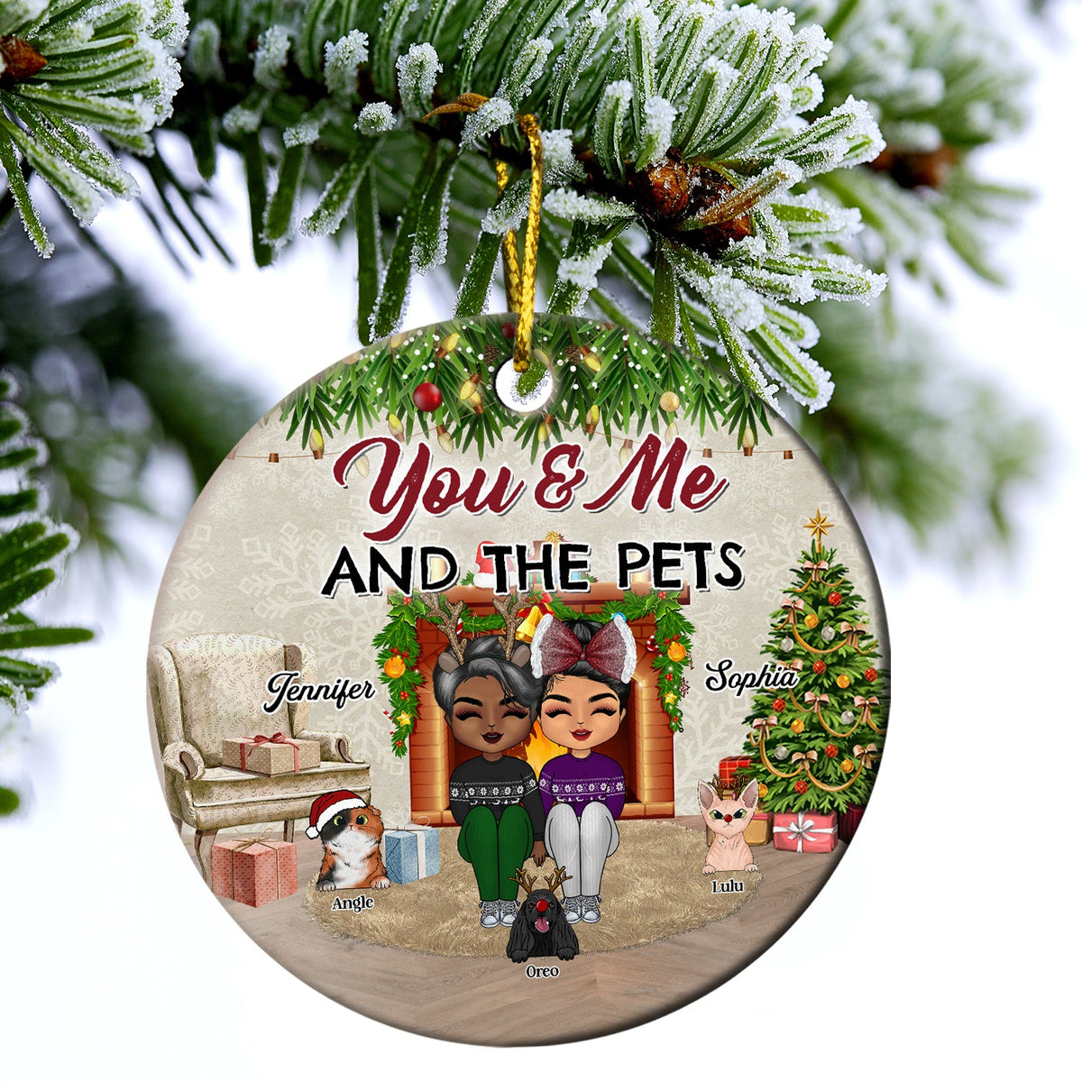 Couples You & Me And The Fur Babies - Christmas Gift For Dog Lovers And Cat Lovers - Personalized Custom Circle Ceramic Ornament