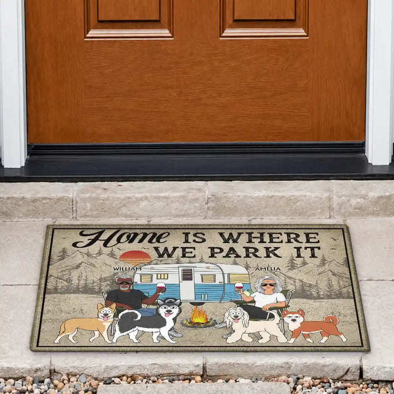 Home Is Where We Park It - Camping Gifts For Couples, Family, Campers, Dog Lovers, Cat Lovers - Personalized Doormat