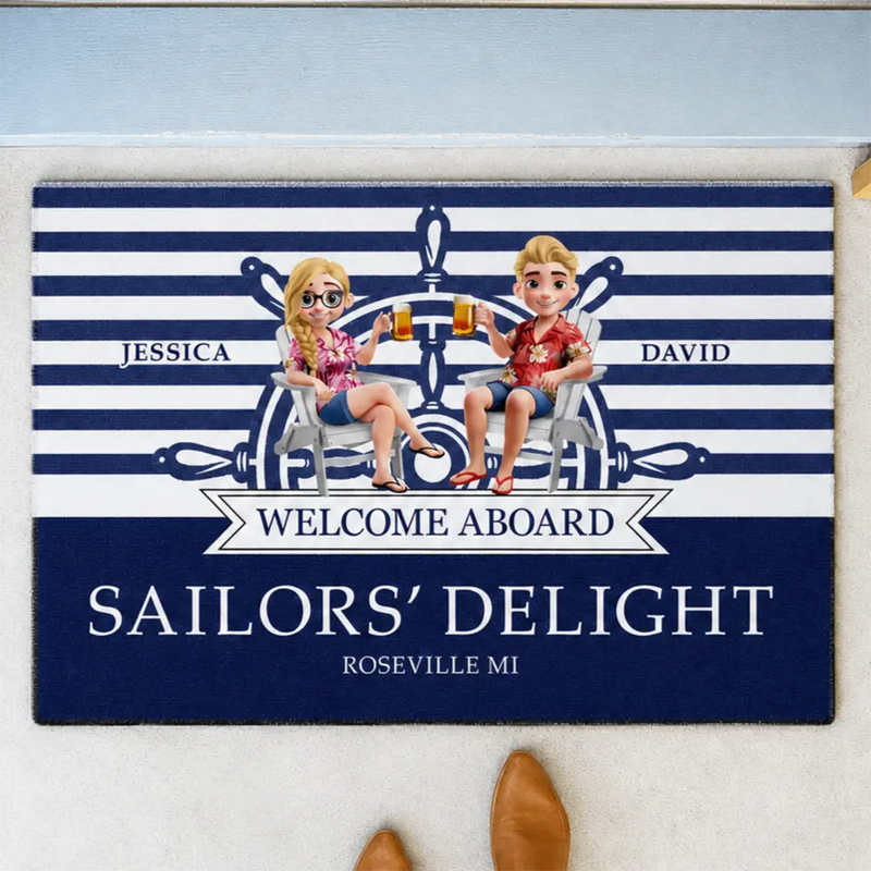 Gift For Couples,Gift For Husband,Gift For Wife,Gift For Boyfriend,Gift For Girlfriend,Happy - Nautical Boat Lovers - Personalized Doormat