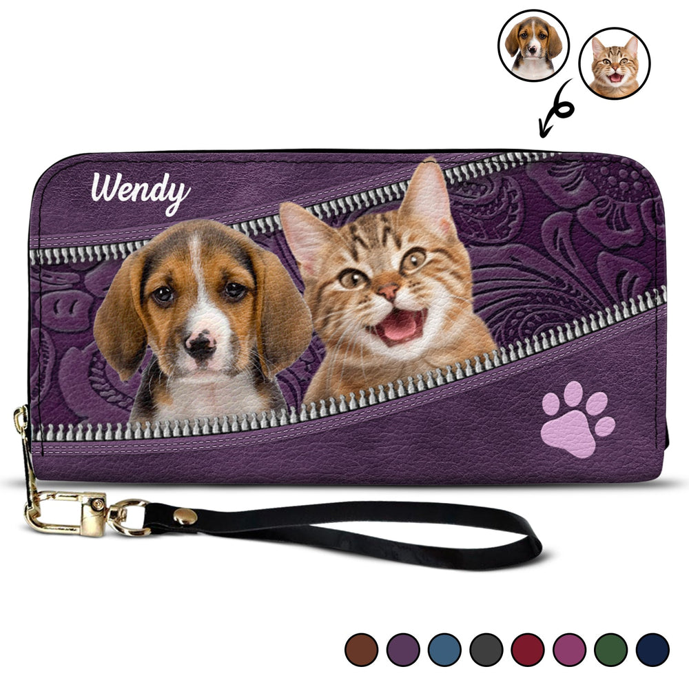 Custom Photo Dogs And Cats Aesthetic Pattern - Loving Gift For Pet Lovers - Personalized Leather Long Wallet