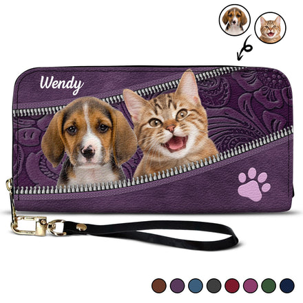 Custom Photo Dogs And Cats Aesthetic Pattern - Loving Gift For Pet Lovers - Personalized Leather Long Wallet