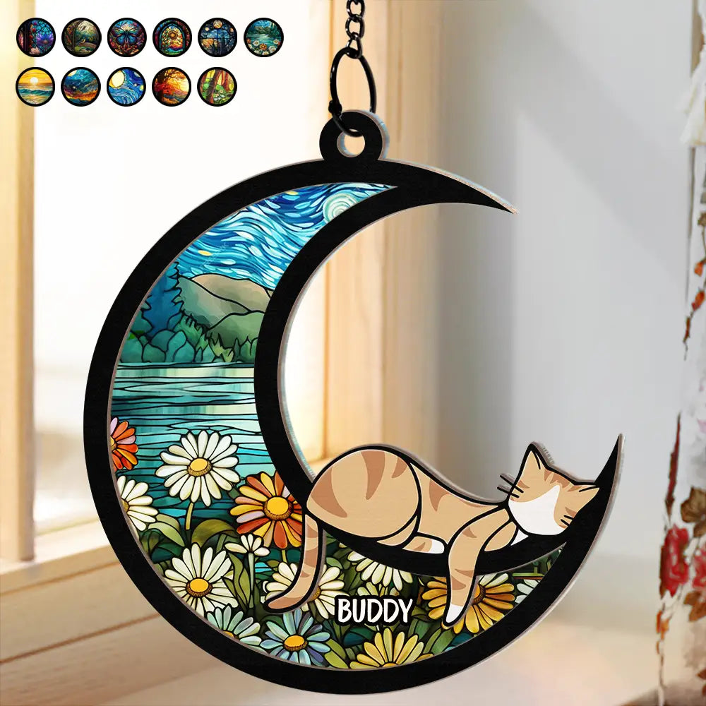 Sleeping Cat On The Moon Ver 2 - Personalized Window Hanging Suncatcher Ornament