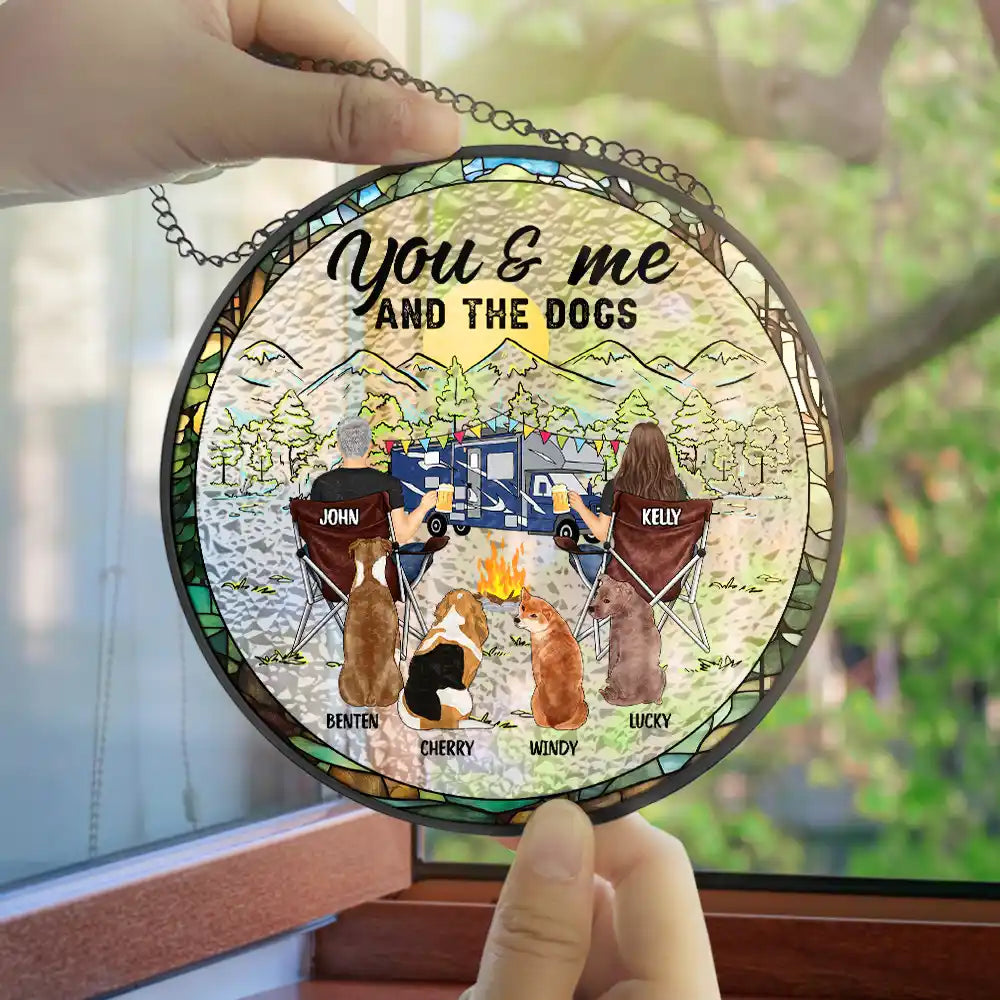 You And Me And The Dogs Back Couples - Personalized Stained Glass Window Hanging Suncatcher