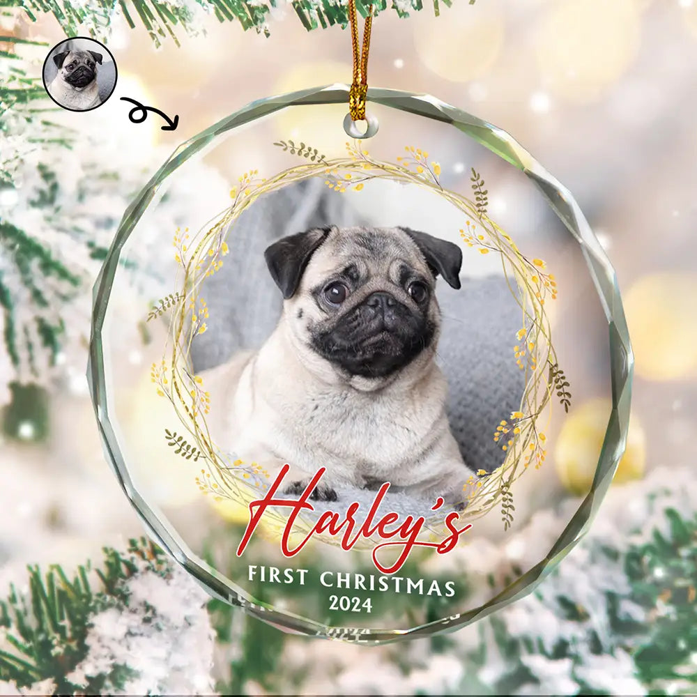 Pet Lovers - Custom Photo First Christmas Pet - Personalized Circle Glass Ornament