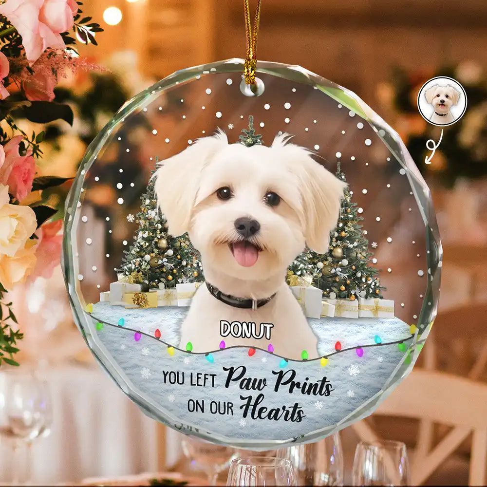 Custom Photo,Christmas,Pet Lovers,Memorial,Sad - Custom Photo You Left Paw Prints Pet Memorial - Personalized Circle Glass Ornament