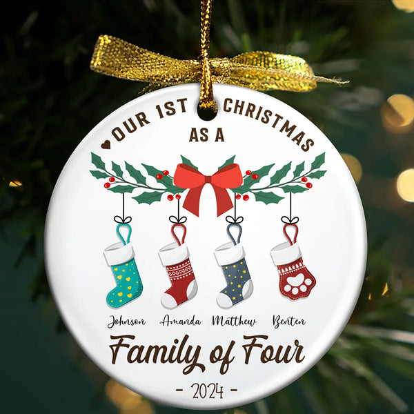 Family - First Christmas As A Family Of Four Stocking - Personalized Circle Ceramic Ornament