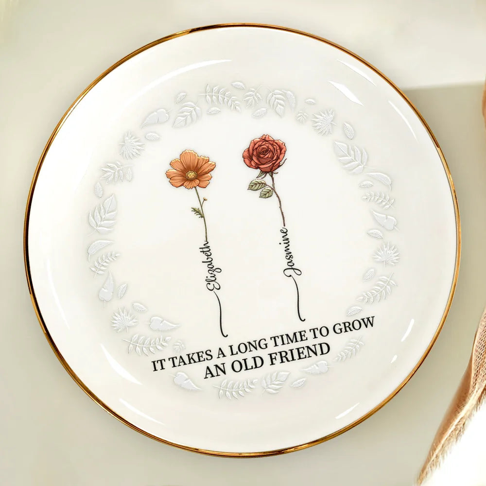 Birth Flower Grow An Old Friend - Personalized Round Ring Dish