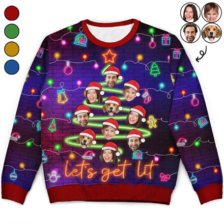 Custom Photo Funny Family Face Let's Get Lit Neon Christmas Light Style - Personalized Unisex Ugly Sweater