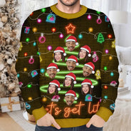 Family - Custom Photo Funny Family Face Let's Get Lit Neon Christmas Light Style - Personalized Unisex Ugly Sweater