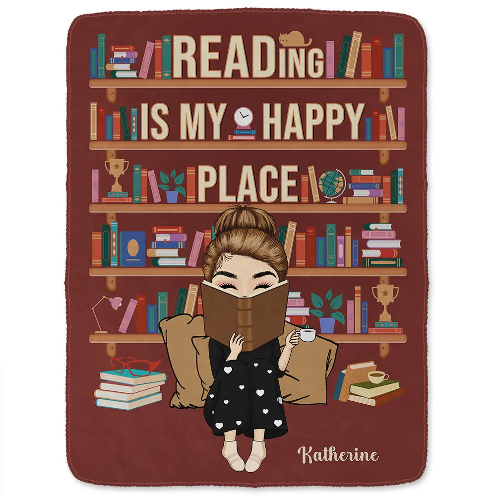 Reading,Gift For Yourself,Happy - Reading Is My Happy Place - Personalized Fleece Blanket, Sherpa Blanket