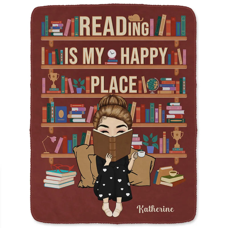 Reading,Gift For Yourself,Happy - Reading Is My Happy Place - Personalized Fleece Blanket, Sherpa Blanket