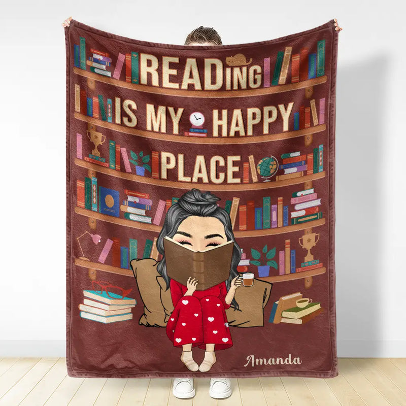 Reading,Gift For Yourself,Happy - Reading Is My Happy Place - Personalized Fleece Blanket, Sherpa Blanket