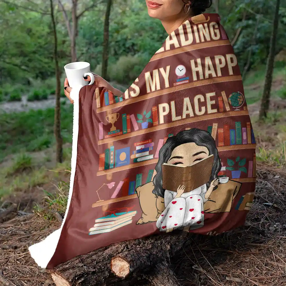 Reading,Gift For Yourself,Happy - Reading Is My Happy Place - Personalized Fleece Blanket, Sherpa Blanket