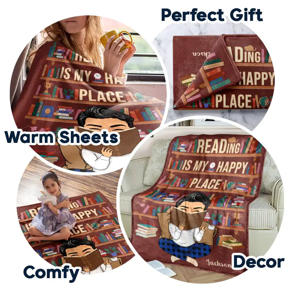 Reading,Gift For Yourself,Happy - Reading Is My Happy Place - Personalized Fleece Blanket, Sherpa Blanket