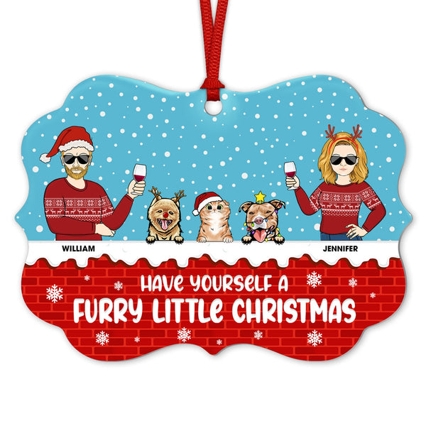 Furry Little Christmas Couple With Dog Cat - Christmas Gift For Pet Owners - Personalized Custom Aluminum Ornament