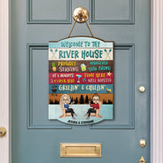 Proudly Serving Time Here Is Well Wasted - Lake House, Pool House Decor - Personalized Custom Shaped Wood Sign