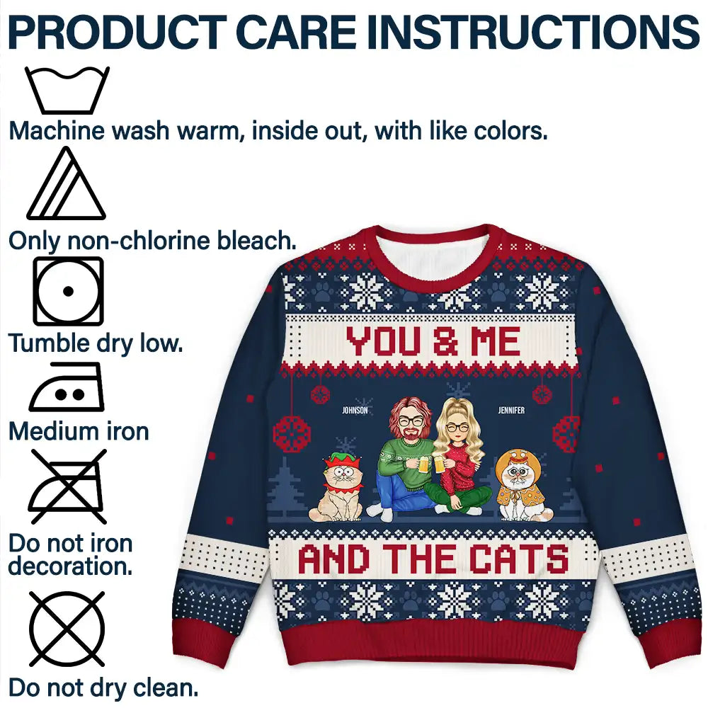 Couple You & Me And The Cats Cartoon Style - Anniversary, Christmas Gift For Cat Lovers, Couples - Personalized Unisex Ugly Sweater