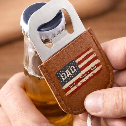 Stars And Stripes Dad Papa Grandfather - Personalized Leather Bottle Opener Keychain