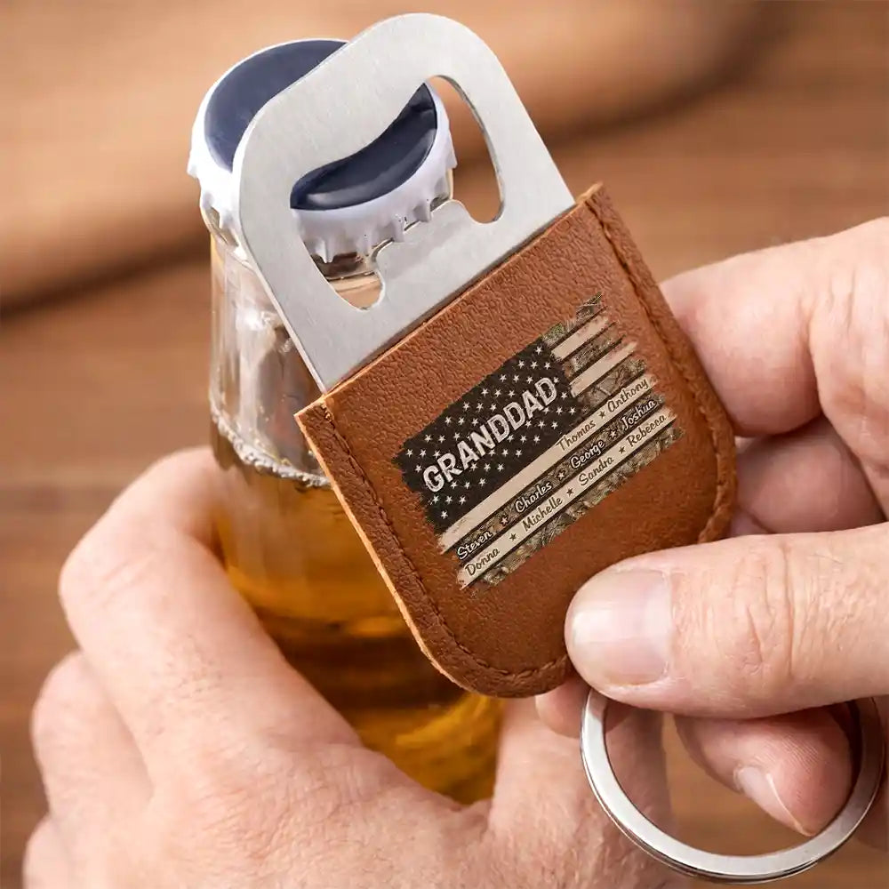 Gift For Father,Gift For Grandpa,Gift For Men,Happy,Retirement,Independence Day,America 250th - Stars And Stripes Dad Papa Grandfather - Personalized Leather Bottle Opener Keychain